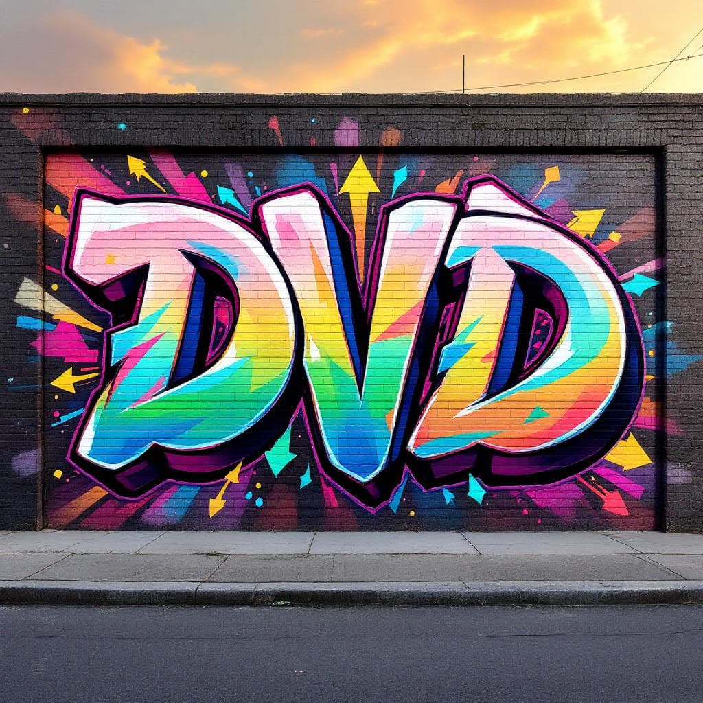 โ3D graffiti text of the word โDVDโ in rounded bubble letters, colorful gradient, bright and vivid colors, realistic depth and shadows, urban wall background, dynamic street art style.โ