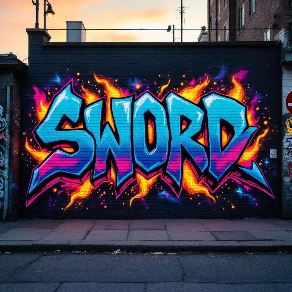 A graffiti art with letter “SWORD” there are sparks and fire elements around.