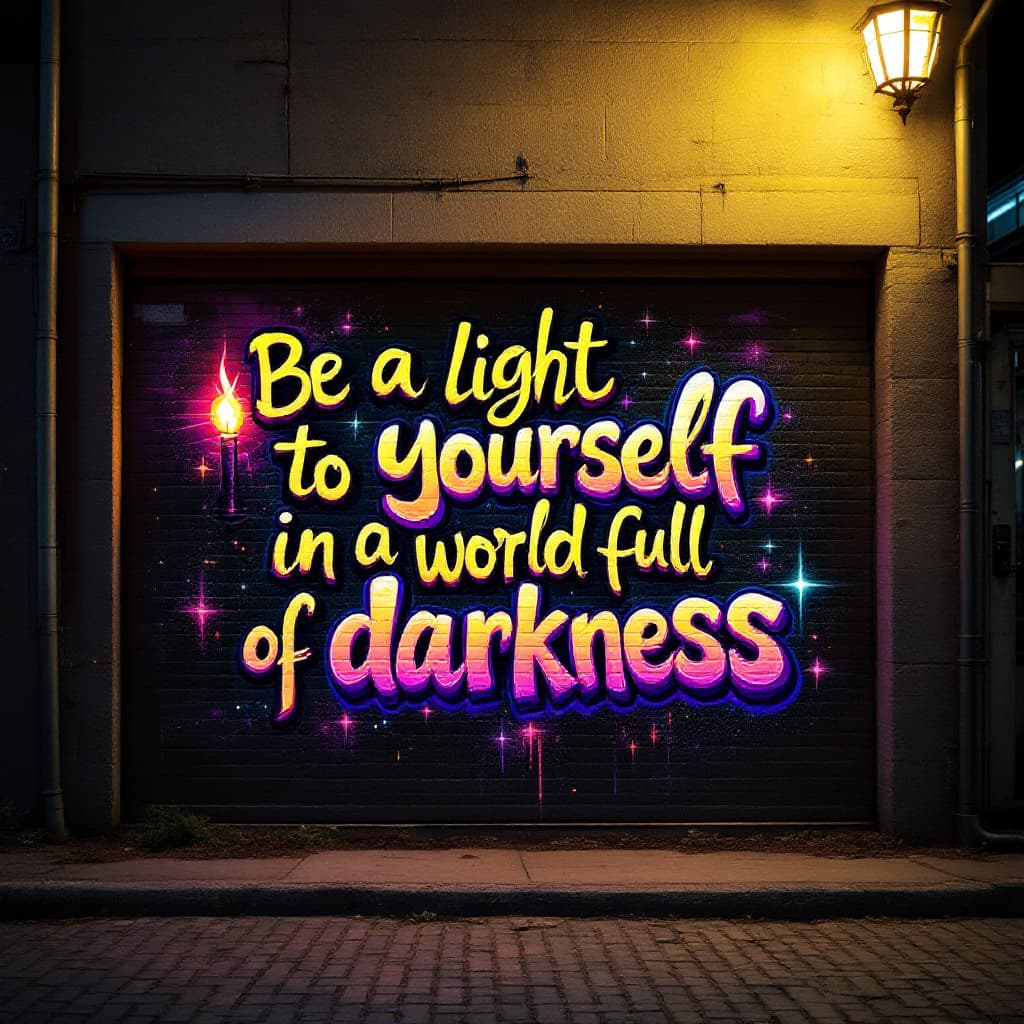 classic art: A graffiti art with the words "Be a light to yourself in a world full of darkness". Replace the word light with a "candle ".Replace the word "world" with a silhouette of the world and replace the world "darkness with an eclipse. With a plain background . Experience the bold expression of "A graffiti art with the words "Be a light to yourself in a world full of darkness". Replace the word light with a "candle ".Replace the word "world" with a silhouette of the world and replace the world "darkness with an eclipse. With a plain background " in this captivating classic design.