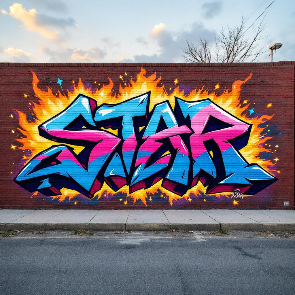 A grafiti art with letter "STAR VISUAL" there are sparks and fire elements around