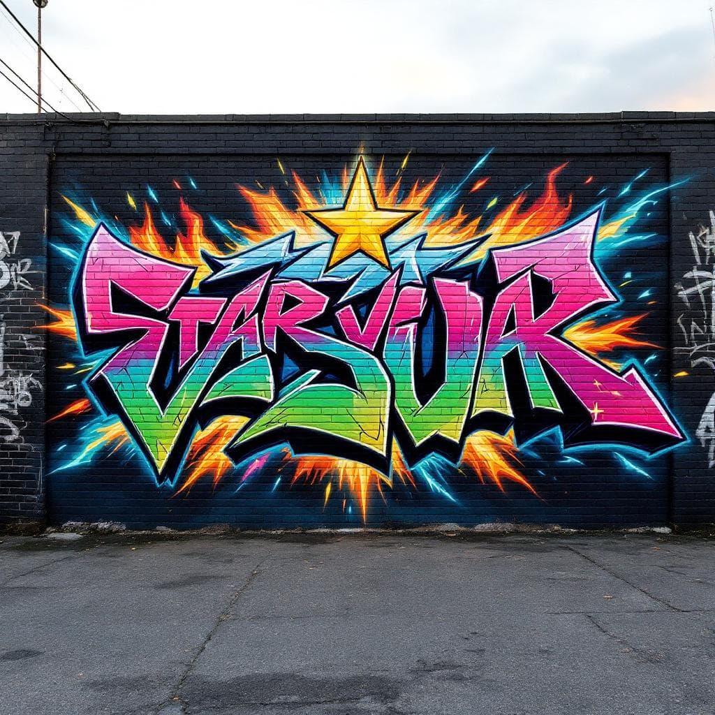A grafiti art with letter "STAR VISUAL" there are sparks and fire elements around