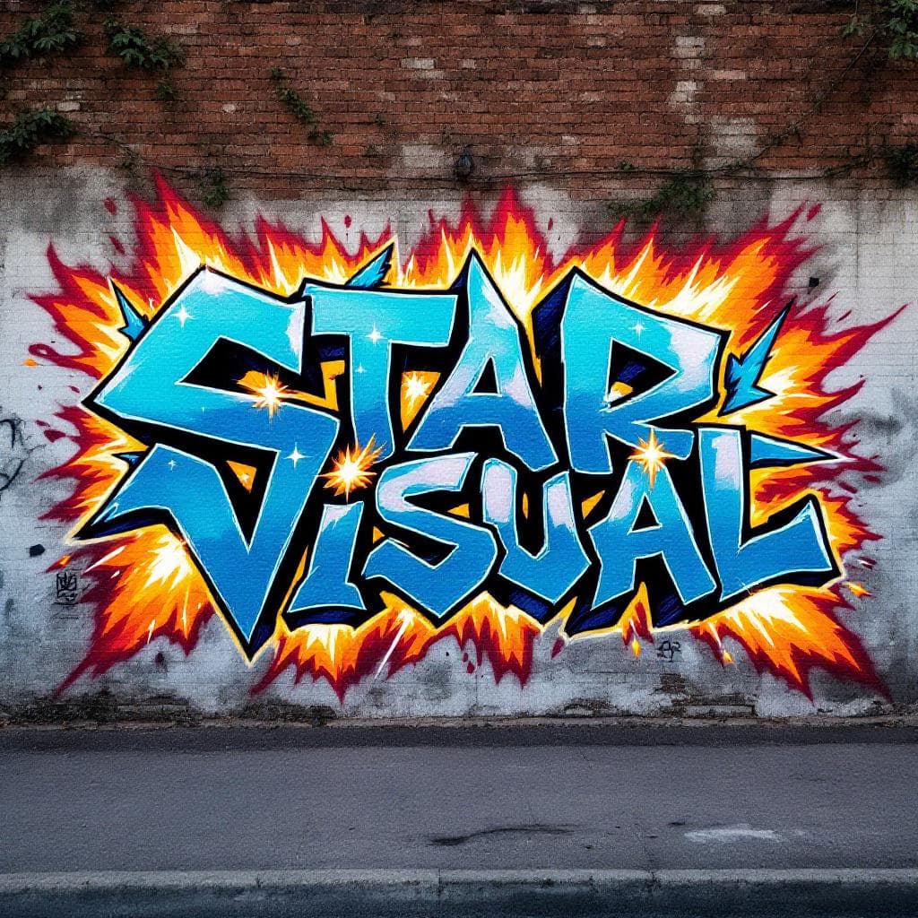 A grafiti art with letter "STAR VISUAL" there are sparks and fire elements around