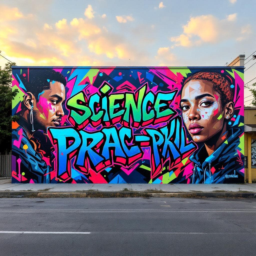 A wildstyle graffiti that says, "Science Prac-pkL". It must look like it's been drawn on paper and with a very cool design.