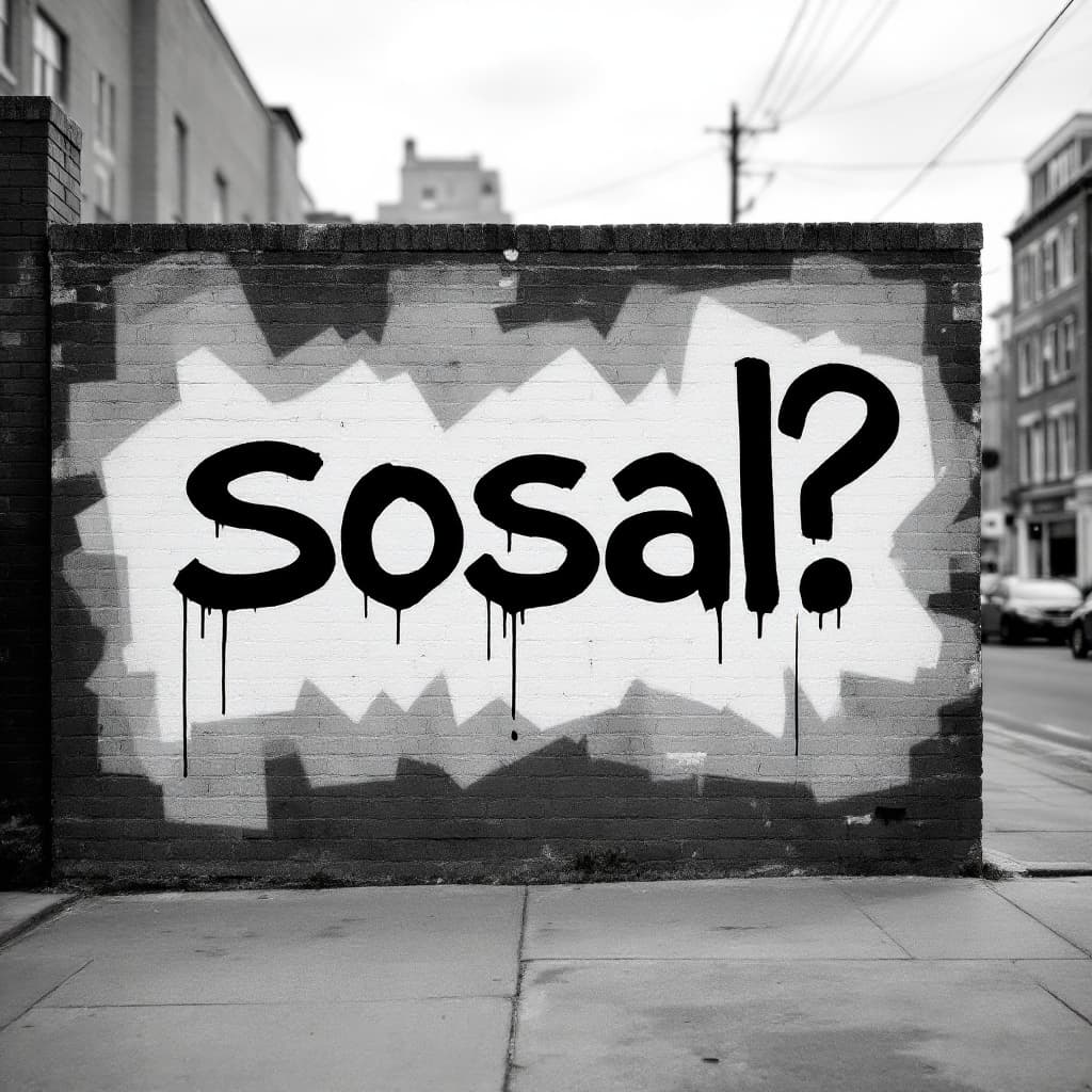stencil graffiti: black text "sosal?"