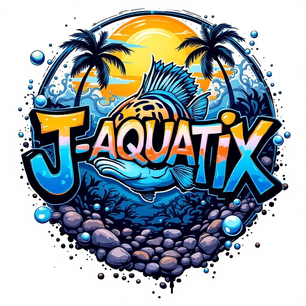 Design a GRAFFITI logo for "J-AQUATIX" on a plain white background.Circular motif. Include the Caricature of an African Zebra cichlid frowning. Hawaiian Aesthetic. palm trees, sun, Bubbles and water splashes..Synthwave colors.