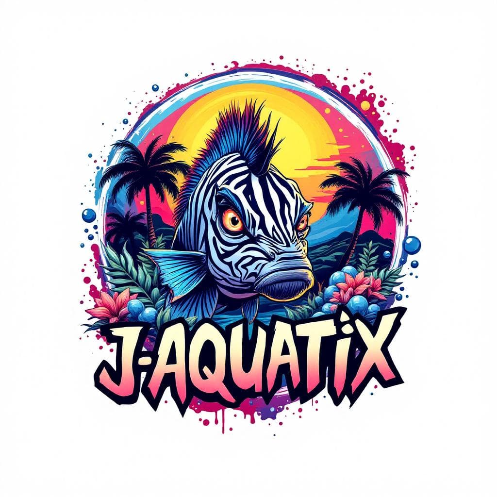 Design a GRAFFITI logo for "J-AQUATIX" on a plain white background.Circular motif. Include the Caricature of an African Zebra cichlid frowning. Hawaiian Aesthetic. palm trees, sun, Bubbles and water splashes..Synthwave colors.