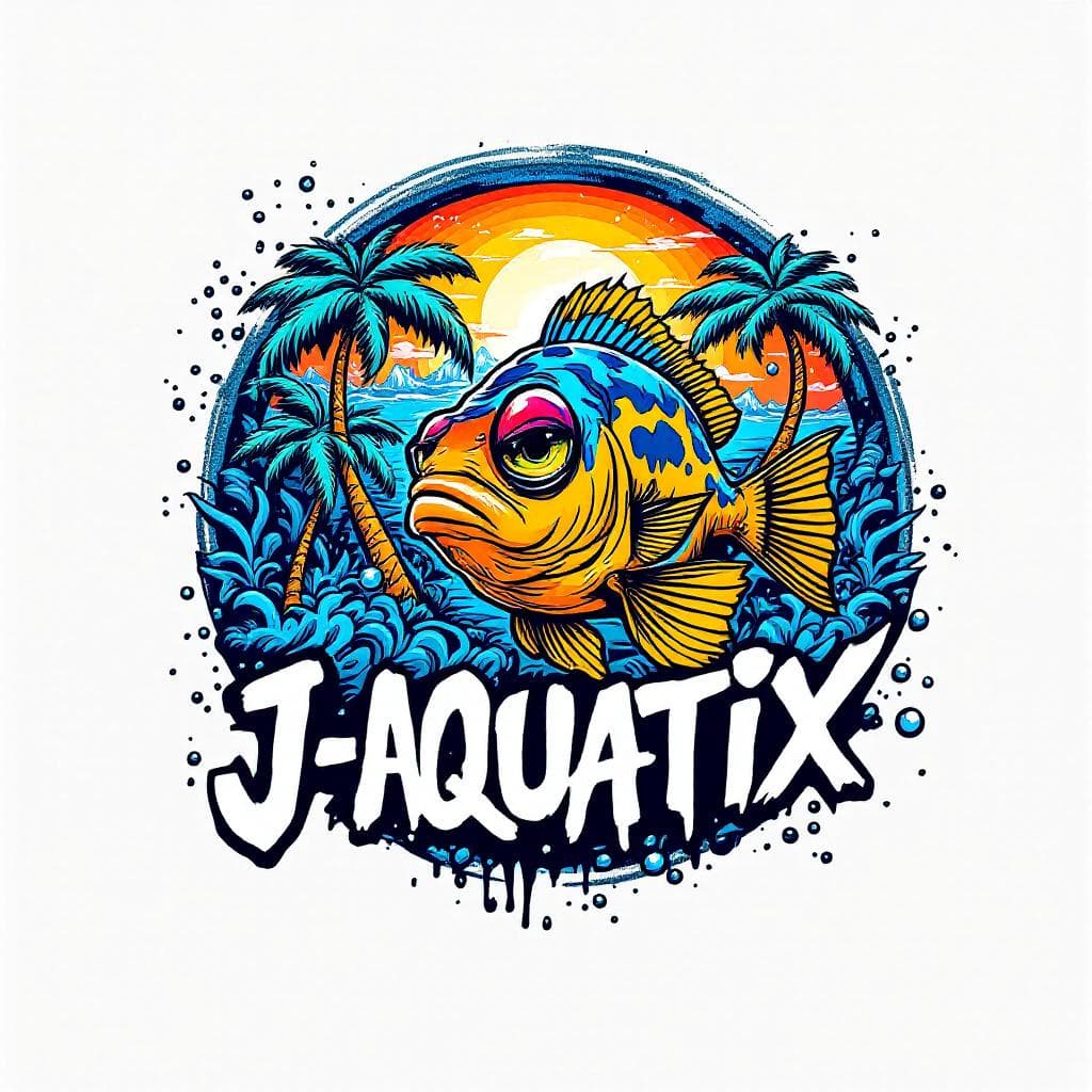 Design a GRAFFITI logo for "J-AQUATIX" on a plain white background.Circular motif. Include the Caricature of an African cichlid frowning. Hawaiian Aesthetic. palm trees, sun, Bubbles and water splashes..Synthwave colors.