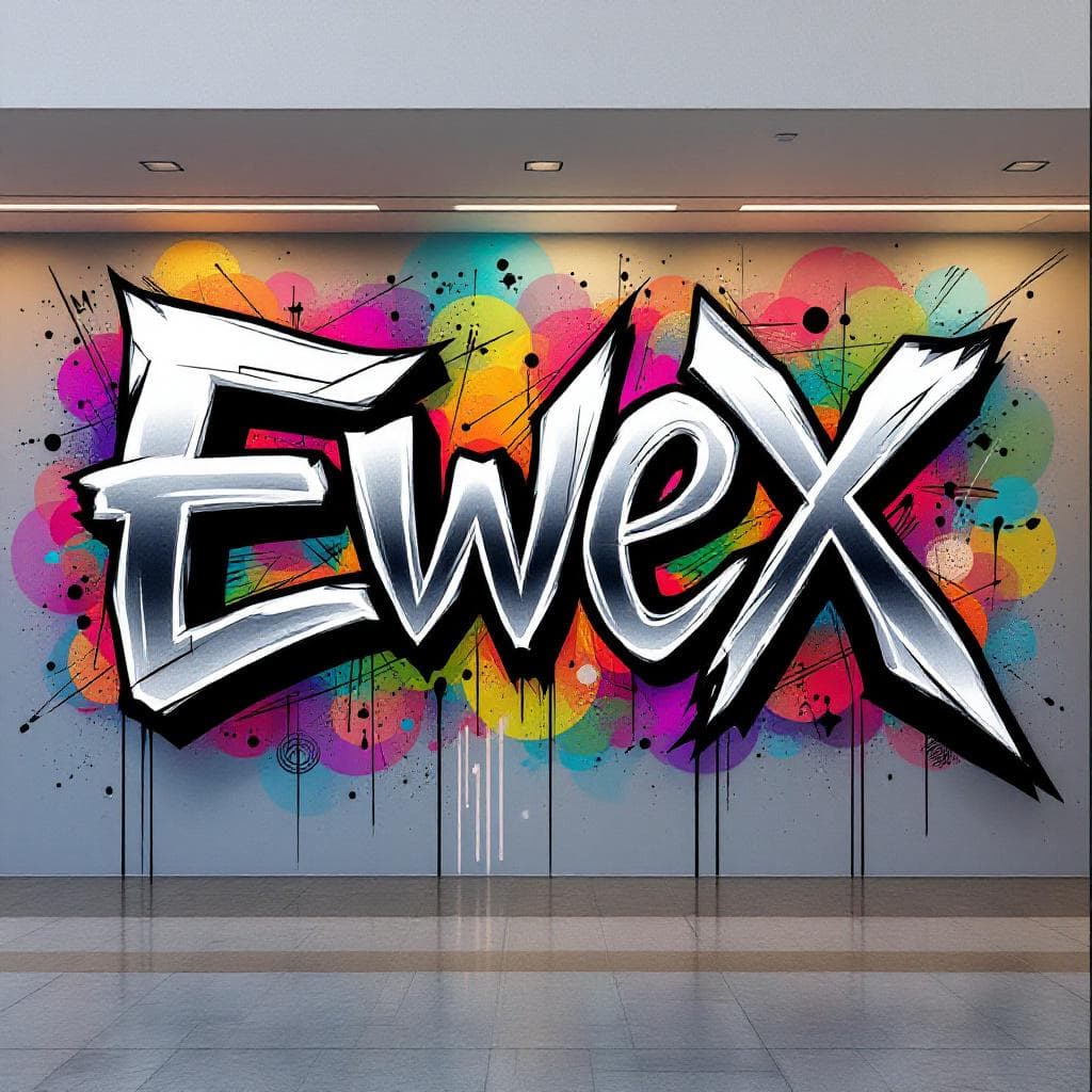 > Design a graffiti tag that reads “Ewex” using the futuristic blackletter style from the Torus Science alphabet. Each letter should flow into the next, with elegant line curves, blurred spray effects, and light gray mist around the strokes. Add slight depth and metallic shine, like ink mixed with chrome spray.