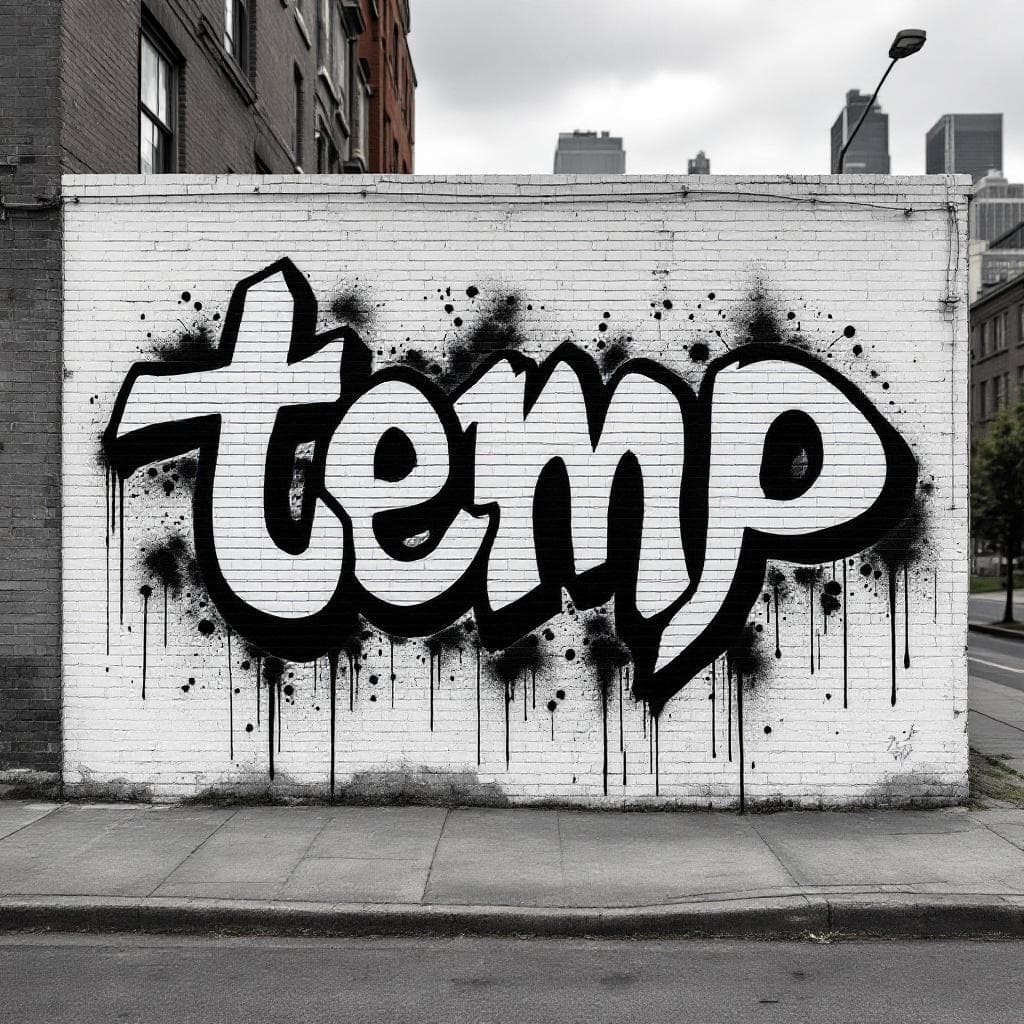 burner graffiti: It must be in black and white on a simple one colour canvas with the name "temp