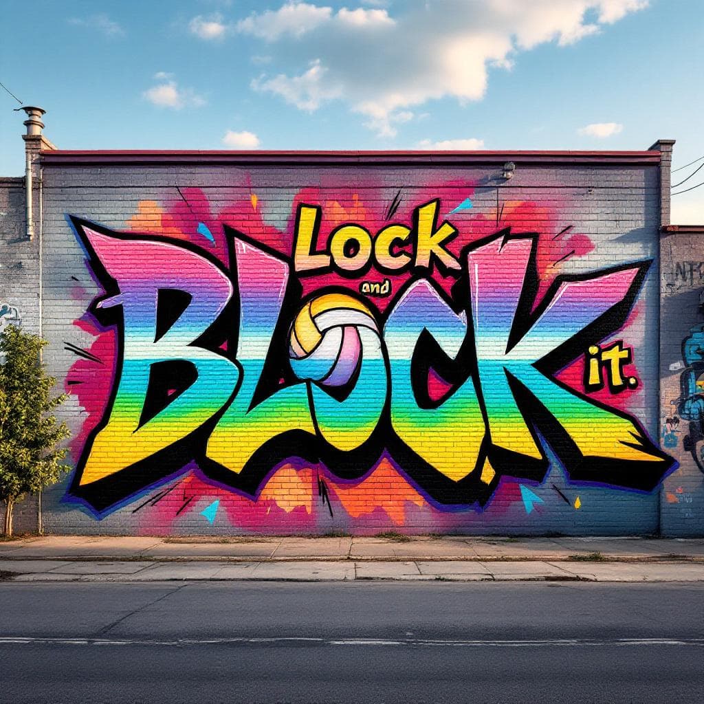 logo with the name 'Pop, Lock, and Block It' with a pride rainbow ombre effect in a wildstyle font with very sharp lettering and a volleyball in style as the 'O' in 'Block'