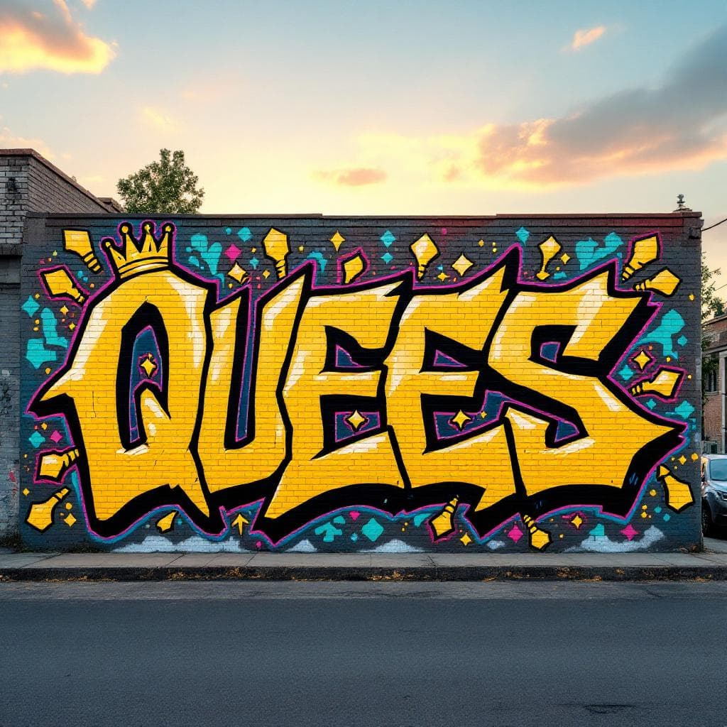 the name 'Queen Bees' with edgy and sharp lettering with the main colors being primarily yellow with a little black. Put a crown specifically on top of the 'Q' and put a bee stinger on the end of the letter 'S'.