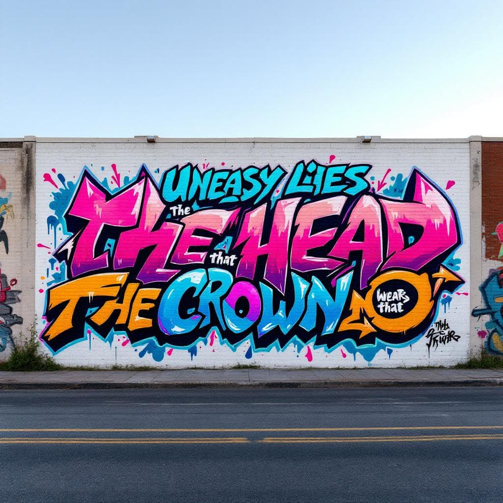 “Uneasy lies the head that wears the crown.” written in bold graffiti spray paint style, street-art look, soft paint drips, vibrant but clean colors, sharp edges, no background textures, solid white background, high contrast, urban spray-can effect.