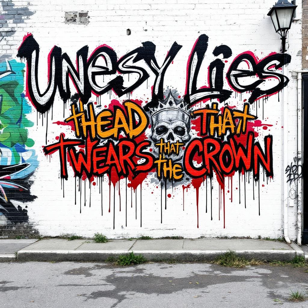 stencil art: “Uneasy lies the head that wears the crown.” written in bold graffiti spray paint style, street-art look, soft paint drips, vibrant but clean colors, sharp edges, no background textures, solid white background, high contrast, urban spray-can effect.. Experience the bold expression of "“Uneasy lies the head that wears the crown.” written in bold graffiti spray paint style, street-art look, soft paint drips, vibrant but clean colors, sharp edges, no background textures, solid white background, high contrast, urban spray-can effect." in this captivating stencil design.